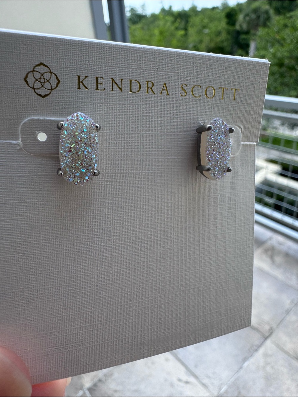 Kendra Scott Silver Glitter Druzy Oval Stud Earrings - Picture 2 of 5